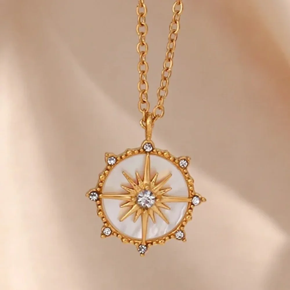 8-Point North Star Pendant Necklace with 18K Gold Plating and Natural Shell - Picture 5 of 8